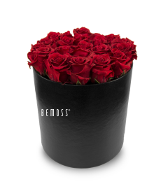 eine schwarze Schachtel mit einem Strauß roter Rosen darin, auf deren Seite „Bemoss“ steht, moosbild, mooswand, moos pflanzen, moos, moos deko, moos art