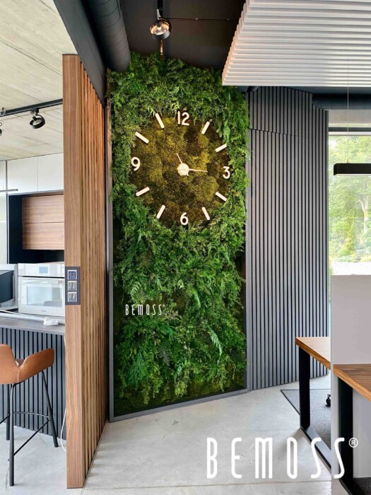 Wand aus Pflanzen + Uhr