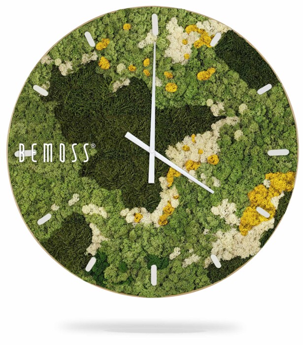 eine Uhr mit einem grün-gelben Muster auf dem Zifferblatt und der Aufschrift „Moss“ auf der Seite, moosbild, mooswand, moos pflanzen, moos, moos deko, moos art