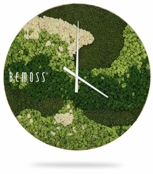 Eine Uhr mit einer moosbedeckten Landschaft auf dem Zifferblatt und der Aufschrift „Bemoss“., moosbild, mooswand, moos pflanzen, moos, moos deko, moos art