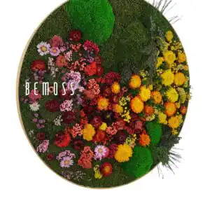 obrázok kvetinového aranžmánu so slovom bemass v strede a obrázok kvetinového aranžmánu v strede, ekologické umenie , machovy obraz, stabilizovany mach, machová stena, machová dekorácia