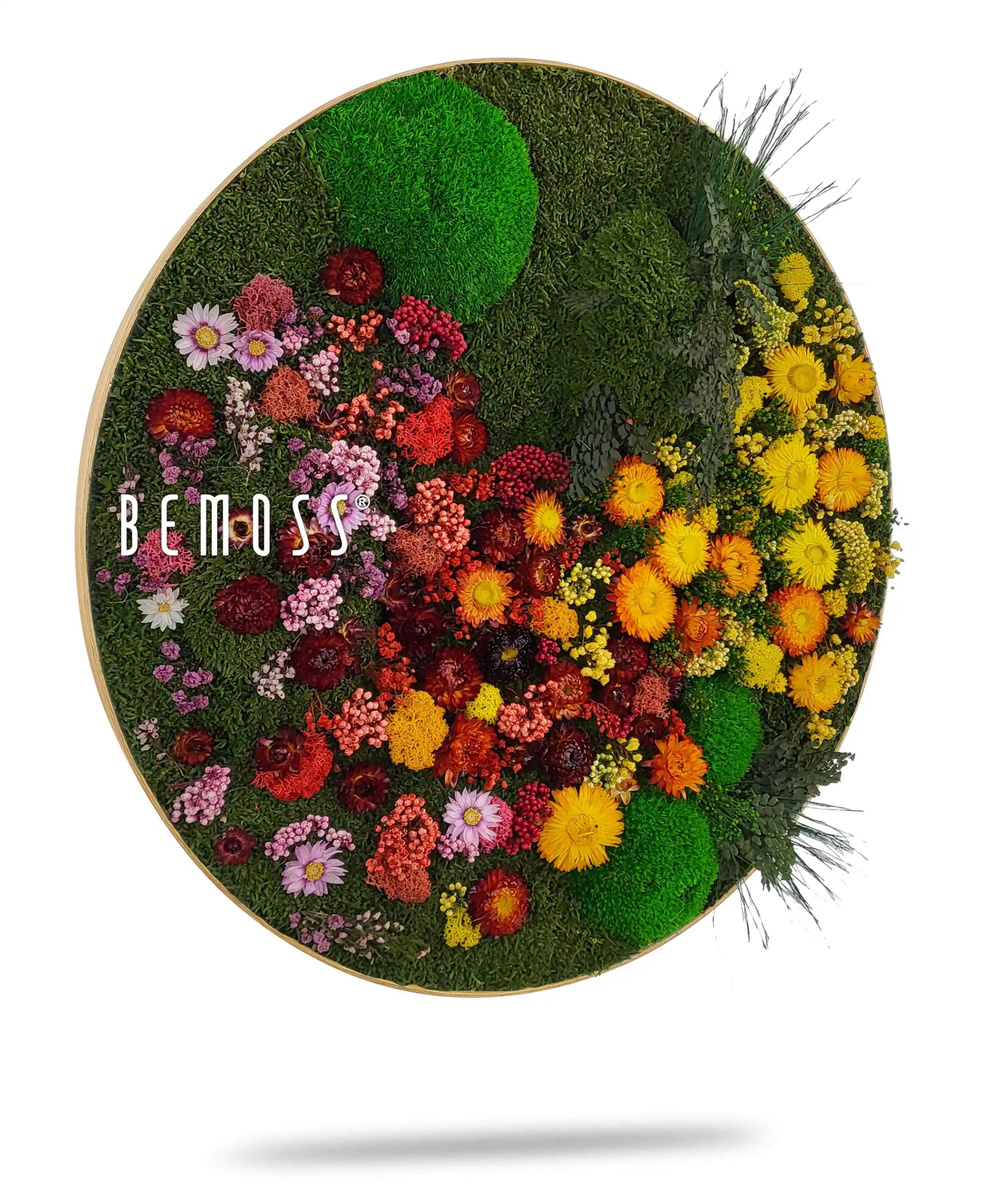 obrázok kvetinového aranžmánu so slovom bemass v strede a obrázok kvetinového aranžmánu v strede, ekologické umenie , machovy obraz, stabilizovany mach, machová stena, machová dekorácia