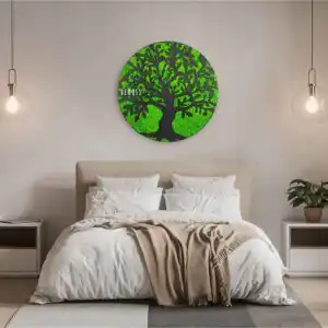 spálňa s posteľou a nad ňou na stene zelený stromček machovy obraz, stabilizovany mach, machová stena, machová dekorácia