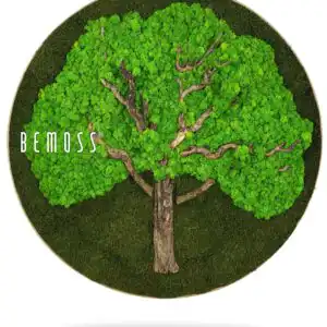 strom s nápisom bemos v tvare kruhu s trávou a listami okolo neho , ekologické umenie, machovy obraz, stabilizovany mach, machová stena, machová dekorácia