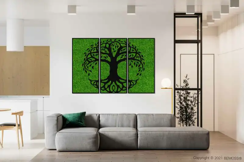 obývačka s gaučom a obrazom na stene nad ním, na ktorom je strom machovy obraz, stabilizovany mach, machová stena, machová dekorácia