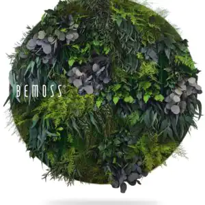 machom pokrytá stena s nápisom buď machom a na nej kruh listov a rastlín machovy obraz, stabilizovany mach, machová stena, machová dekorácia