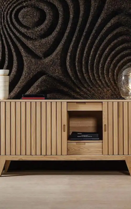 drevená skrinka s vázou na vrchu vedľa steny s vlnitým vzorom machovy obraz, stabilizovany mach, machová stena, machová dekorácia