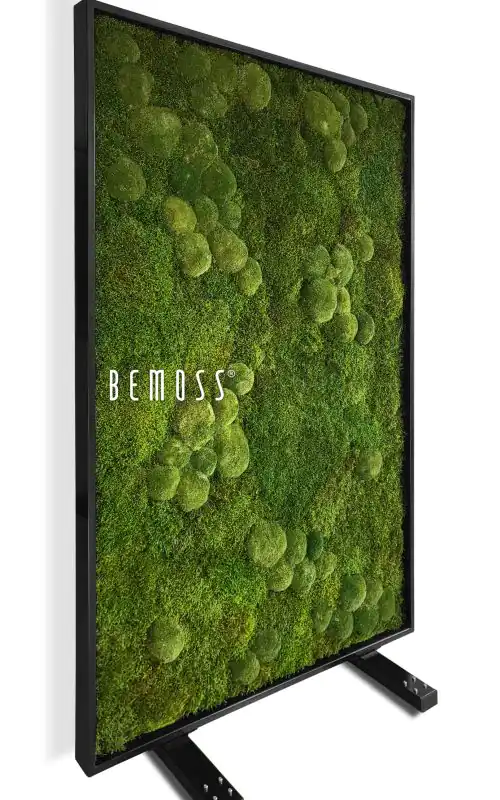 televízna obrazovka s machom rastúcim na jej boku a nápisom be moss na obrazovke nad ňou, environmentálne umenie , machovy obraz, stabilizovany mach, machová stena, machová dekorácia